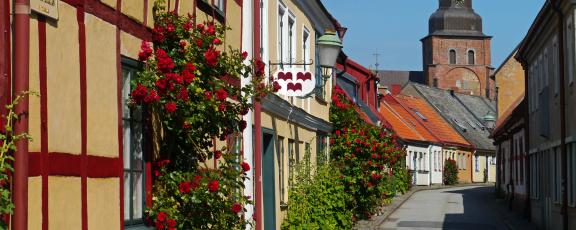 Kauniita kukka-asetelmia ja vanhan ajan rakennuksia tunnelmallisessa Ystadin kaupungissa
