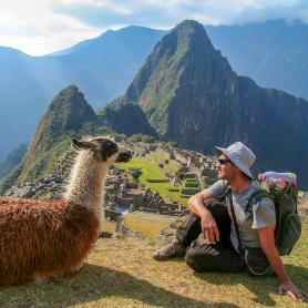 Matkailija-keskustelee-laaman-kanssa-Machu-Picchu-Peru-Olympia
